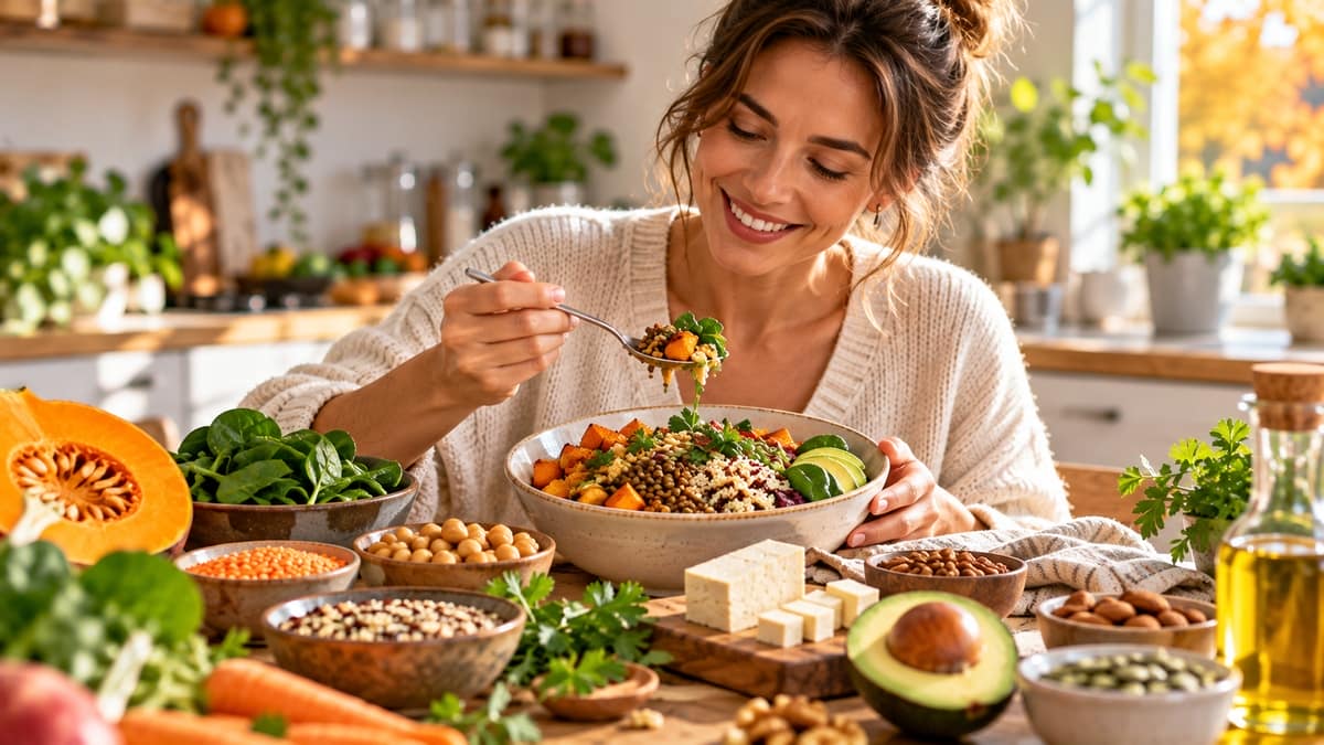 Pflanzliche Proteine aus Linsen, Kichererbsen, Tofu und Nüssen für eine ausgewogene Ernährung